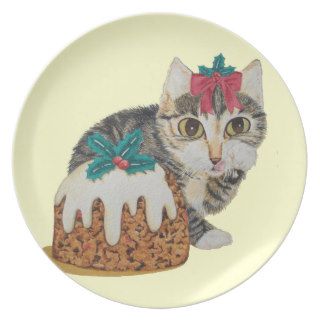 cute tabby kitten and Christmas pudding cat plate