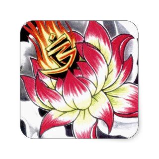 Japanese Tattoo Style Flaming Lotus Flower Square Stickers