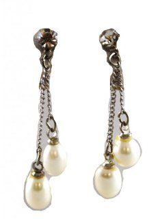 Gorgeous and Elegant Ice Crystal Accented Faux Pearl Dangle Post Earrings Silver Tone Jewelry