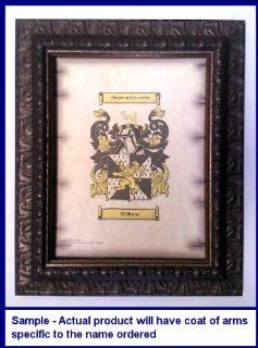 Ewens Coat of Arms on Aged Parchment Look 8 1/2 x 11 Paper in Antique Bronze Wood Frame   Etchings Prints