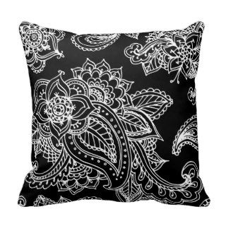 Black & White Illustrated Bohemian Paisley Henna Throw Pillows