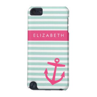 Mint & Pink Nautical Stripes Cute Anchor Monogram iPod Touch 5G Case
