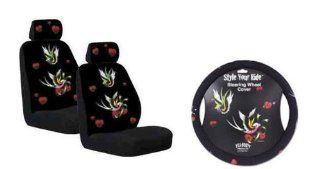 Front Low Back Car Truck SUV Tatoo Swallows Seat Covers (2), Headrest (2) & Steering Wheel Cover Manufactured By Yujean  Automotive Pet Seat Covers 