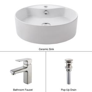 KRAUS White Round Ceramic Sink and Virtus Basin Faucet Brushed Nickel C KCV 142 15501BN