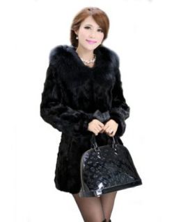 Kattee Women's Mink Fur Long Coat with Fox Collar