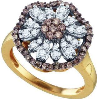 Ladies 10K Yellow Gold .68ct Brown and White Diamond Flower Engagement Wedding Bridal Set Ring Jewelry