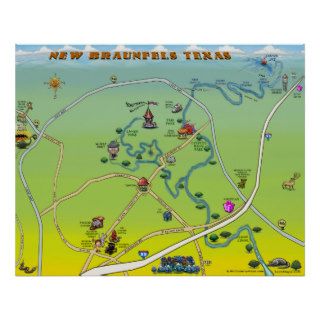 New Braunfels Texas Cartoon Map Posters