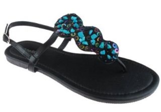 Capelli New York T Strap With Embellished Stones, Beads & Sequins Ladies Sandal Black Combo 6 Shoes
