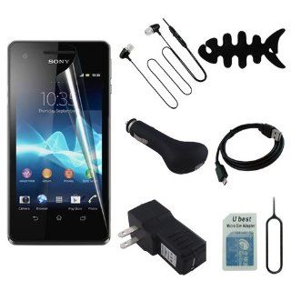 Skque Clear Screen Protector Film + Black USB Car Charger/Wall Charge + Micro USB Charge Data/Sync Cable + Micro Sim Adapter Card with Sim Card Tray Eject Tool + Black 3.5mm Stereo Headset With Free Fish Bone Holder for Sony Xperia V LT25i Cellphone Cell 