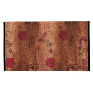 Hipster pink flowers on brown engraved wood photo iPad folio cover