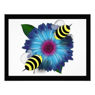 Cartoon Honey Bees Meeting on Blue Flower Invitations
