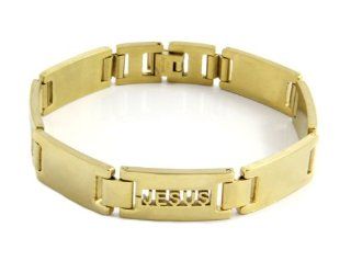 Men's Heavy Gold Plated "JESUS" Engrave Solid Stainless Steel Chain Link Bracelet 8 1/2 Inches GSTB 573 Jewelry