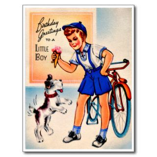 Little Boy Bike Dog Ice Cream   Retro Birthday Post Cards