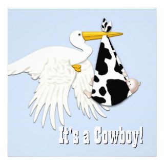 Blue Stork Cow Print Cowboy Baby Shower Custom Announcement