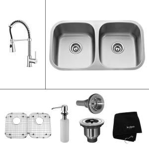 KRAUS All in One Undermount Stainless Steel 32 1/4x18x20 0 Hole Double Bowl Kitchen Sink with Chrome Kitchen Faucet KBU22 KPF1612 KSD30CH