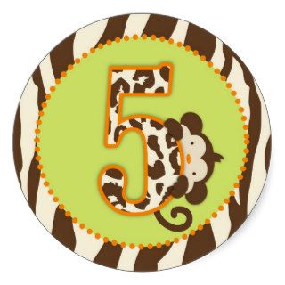 Jungle Monkey Fifth Birthday Cupcake Topper Orange Round Sticker