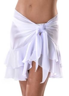 Cojimar Swimwear Solid Georgette Short Ruffle Sarong O/S   White Cover Up Fashion Swimwear Cover Ups