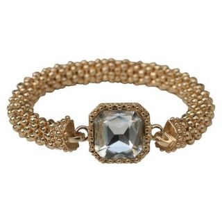 Satin Textured Rondelles with Square Crystal Stretch Bracelet   Gold