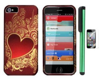 Gold Red Heart Beaming With Joy Premium Design Protector Hard Cover Case Suitable for Apple Iphone 5 (AT&T, VERIZON, SPRINT) + Screen Protector Film + Combination 1 of New Metal Stylus Touch Screen Pen (4" Height, Random Color  Black, Silver, Hot 
