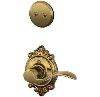 Schlage F94 609 Antique Brass Dummy Handleset with Accent Lever and Brookshire Rose (Interior Side Only)   Door Levers  