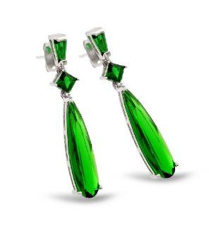 Sterling Silver Rhodium Plated Long Dangling Green Emerald Color Tear Drop Cz Post Earrings Jewelry
