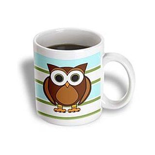 3dRose Cute Brown Owl Blue Green Stripe Ceramic Mug, 15 Ounce Kitchen & Dining