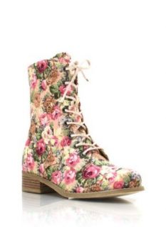Madrid 10 Floral Rose Lace Up Combat Boots Pink Shoes