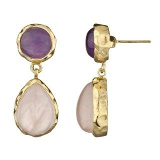 Silverd Gold Pear Drop Earrings   Genuine Rose Quartz and Amethyst Dangle Earrings Jewelry