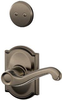Schlage F94FLA609CAMLH Antique Brass Interior Pack Flair Lever Left Handed Dummy Interior Pack with Deadbolt Cover Plate and Decorative Camelot Rose   Door Handles  