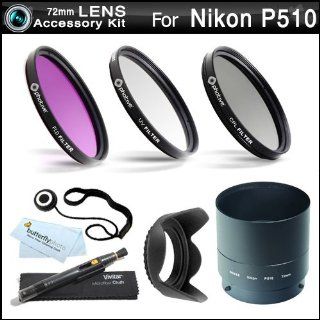 72mm Filter Kit For Nikon Coolpix P510 Digital Camera Includes Necessary Tube Adapter (72mm) + Multi Coated 3 PC Filter Kit (UV, CPL, FLD) + LensPen Cleaning Kit + Lens Cap Keeper + Microfiber Cleaning Cloth  Camera Lens Filter Sets  Camera & Photo