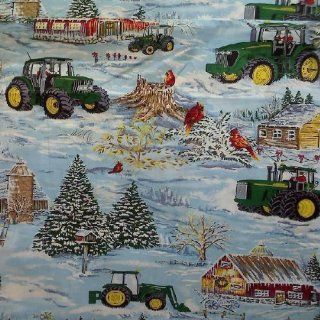 44" Wide Fabric "John Deere Winter Holiday with Snowy Winter Farm Scene Tractors, House, Trees and Cardinals" Fabric By the Yard  Other Products  