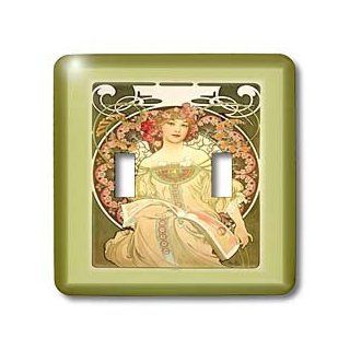 3dRose lsp_98596_2 Muchas Art Nouveau Painting of Pretty Lady with Flowers Around HerJp Double Toggle Switch   Multi Switch Plates  
