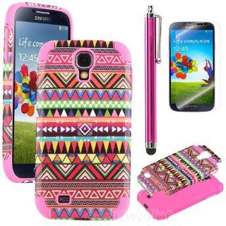 Hard Plastic Snap on Cover Fits Samsung I337 I9500 Galaxy S 4 Pink Tribal Pink TUFF Hybrid(Outside Hard Pink Tribal Cover, Inside Pink Soft Silicone Skin) +Pink Pen/Stylus+Front and Back LCD Screen Protective Films+Cleaning Cloth+Application Card AT&T