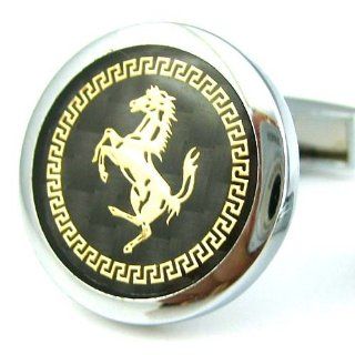 Baracca Ferrari Round Carbon Fiber Background Gold Tone Horse Cufflinks Cuff Links Jewelry