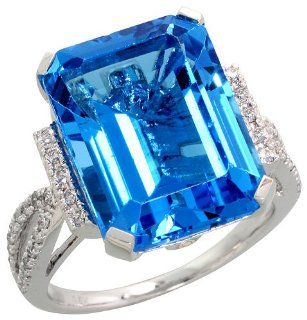 14k White Gold Large Stone Ring, w/ 0.23 Carat Brilliant Cut Diamonds & 13.00 Carats 16x12mm Emerald Cut Blue Topaz Stone, 5/8" (16mm) wide, size 6.5 Jewelry