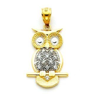 14K Two Tone Diamond Cut Owl Charm with .105ct Diamond Clasp Style Charms Jewelry