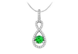 14K White Gold Fashion Pendant with Cubic Zirconia and Created Emerald 1.50 Carat TGW Jewelry
