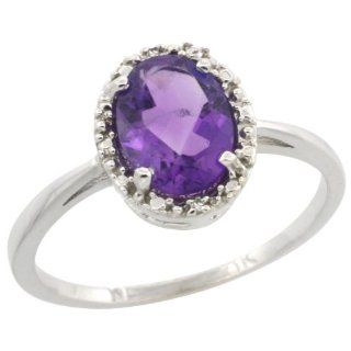 10k White Gold Diamond Halo Amethyst Ring 1.2 ct Oval Stone 8x6 mm, 1/2 inch wide, sizes 5 10 Jewelry
