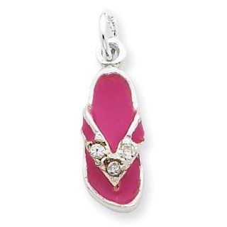 Sterling Silver CZ and Pink Enameled Flip Flop Charm 19mmx8mm Jewelry