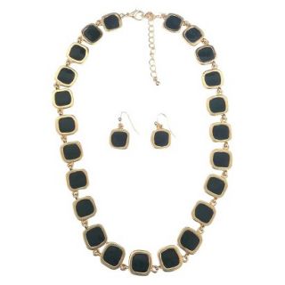 Square Enamel and Gold Link Electroplated Earrings and Necklaces Set   Black