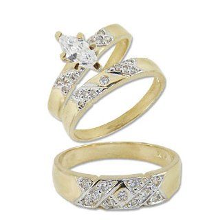 14k Yellow Gold, X Trio Three Piece Wedding Ring Set Marquise Lab Created Gems Jewelry