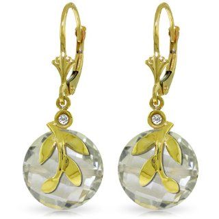 14k Solid Gold Leverback Earrings with Green Amethyst and bezel set Diamonds Jewelry