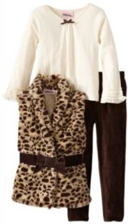 Little Lass Girls 2 6X 3 Piece Belted Leopard Faux Fur Vest Set, Brown, 3T Clothing