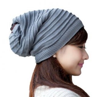 LOCOMO Women Girl Striped Stripes Pattern Slouchy Knit Beanie Crochet Rib Hat Tube Winter Warm FFH006GRY Gray Clothing