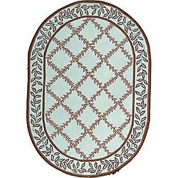 Hand hooked Turquoise Blue/ Brown Wool Rug (46 X 66 Oval)