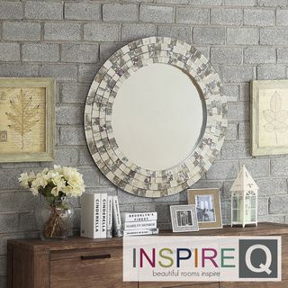 Inspire Q Palmer Frosted Tile Silver Finish Round Accent Wall Mirror
