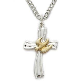 3/4" Sterling Silver 2 Tone Holy Spirit Ribbon Cross Necklace with Dove on 18" Chain Jewelry