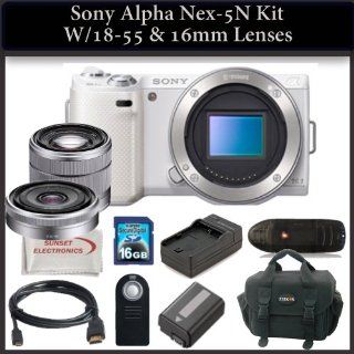 Sony Alpha Nex 5N Kit with 16mm & 18 55mm Lenses. Package Includes Sony Nex5N Digital Camera(White) Sony E Mount SEL 1855 18 55mm f/3.5 5.6 Zoom Lens, Sony E Mount SEL16F28 16mm f/2.8 Wide Angle Alpha E Mount Lens, 16GB Memory Card & Much Much Mor