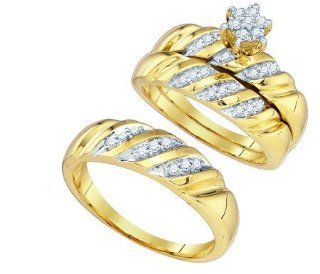 His and Her Wedding Ring set 0.34CTW DIAMOND FASHION TRIO SET 10KT Yellow Gold Jewelry