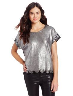 Miss Me Die Cut Sequin Top with Sheer Back, silver, Large Blouses